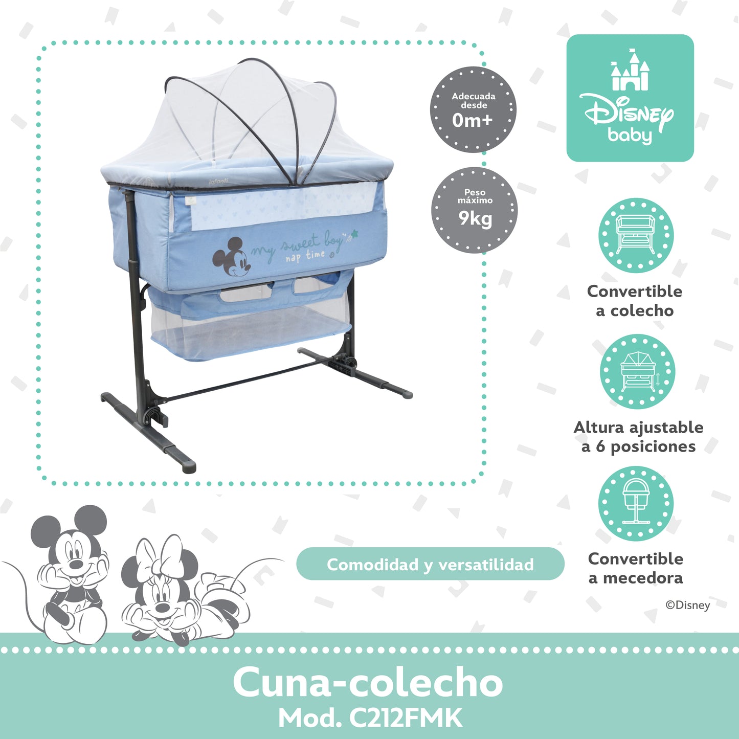 Cuna Colecho Disney Plegable Con Mosquitero Y Lateral Abatible