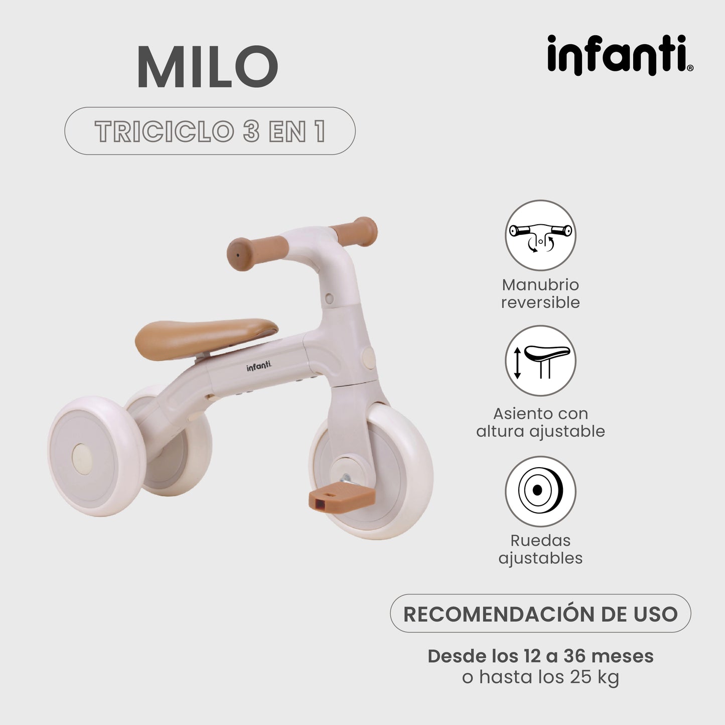 Triciclo 3 En 1 Milo Manubrio Reversible Y Ruedas Ajustables