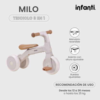Triciclo 3 En 1 Milo Manubrio Reversible Y Ruedas Ajustables