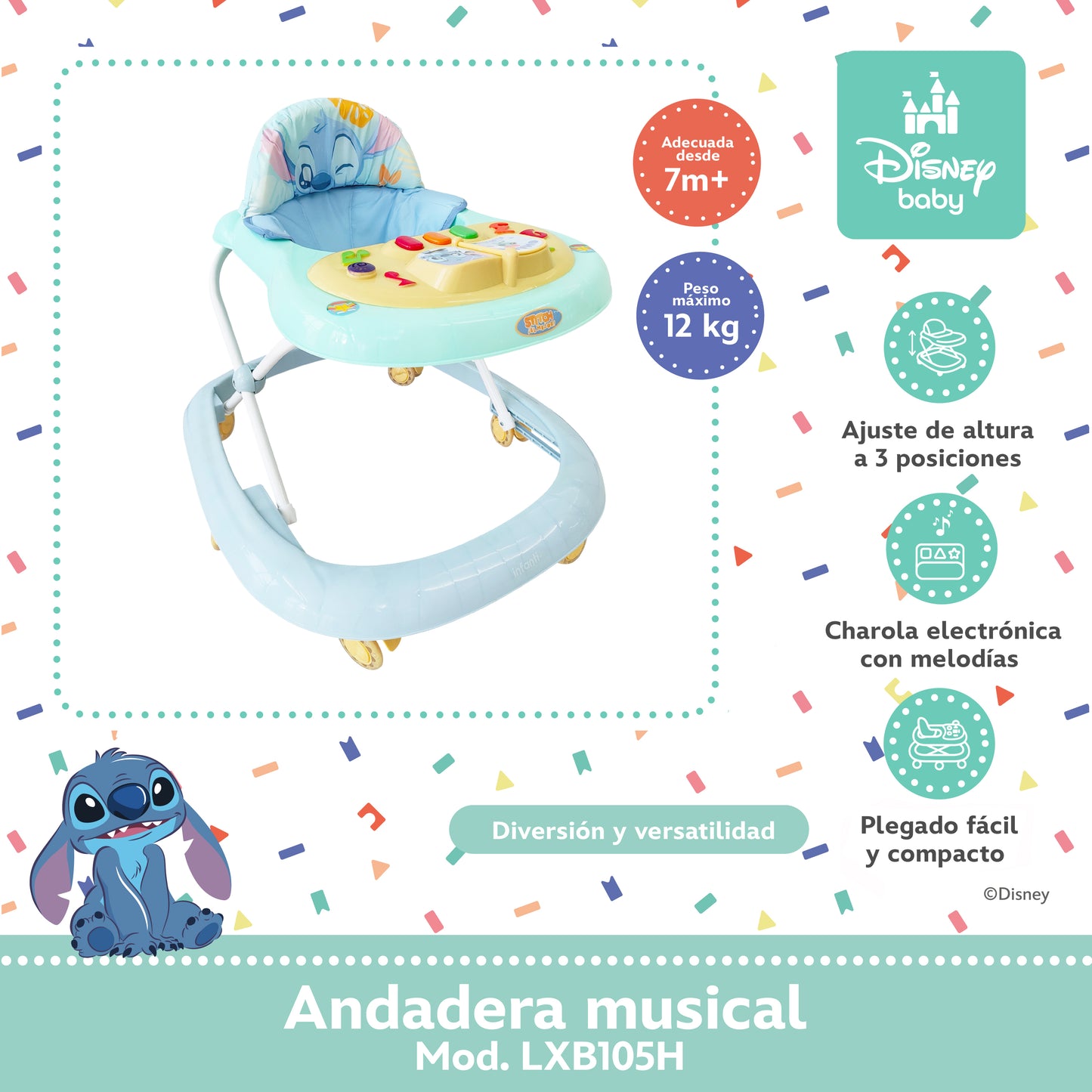 Andadera Musical Para Bebé Stitch Disney Altura Ajustable