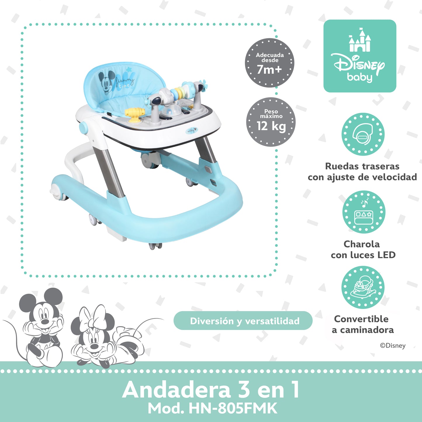 Andadera Disney 3 en 1 Con Charola Interactiva Led Sonido y Asiento Removible