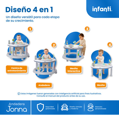 Andadera 4 en 1 Jonna Con Centro de Entretenimiento, Mesita Interactiva y Mesa de Juegos, Asiento Giratorio 360°, Altura Ajustable, Tapete Desmontable con Luz y Sonido, 12 kg max, Infanti.