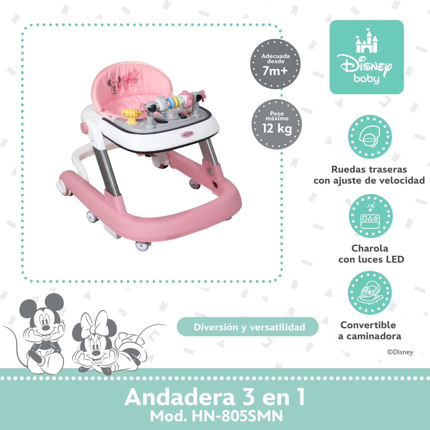 Andadera Disney 3 en 1 Con Charola Interactiva Led Sonido y Asiento Removible