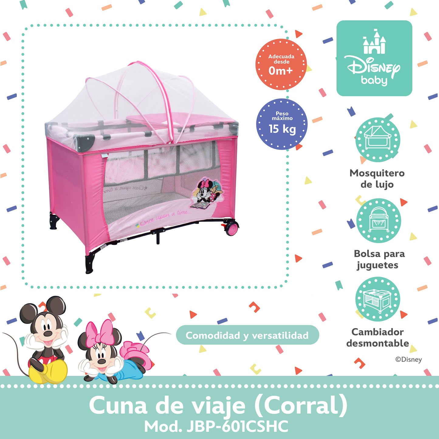Cuna De Viaje Disney Adaptable Seguro Con Cambiador Desmontable