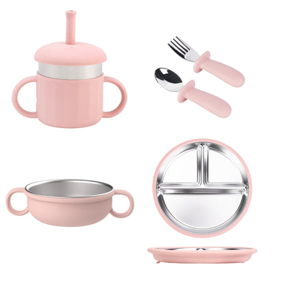 Kit de Alimentación para Bebé de 4 Piezas: Plato, Tazón, Vaso con Popote, Cuchara y Tenedor