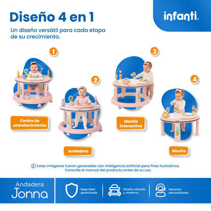Andadera 4 en 1 Jonna Con Centro de Entretenimiento, Mesita Interactiva y Mesa de Juegos, Asiento Giratorio 360°, Altura Ajustable, Tapete Desmontable con Luz y Sonido, 12 kg max, Infanti.