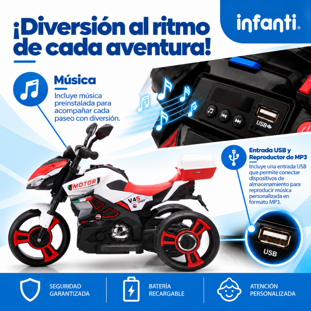 Motocicleta Montable Eléctrica V4s Speed Con Música Y Luces