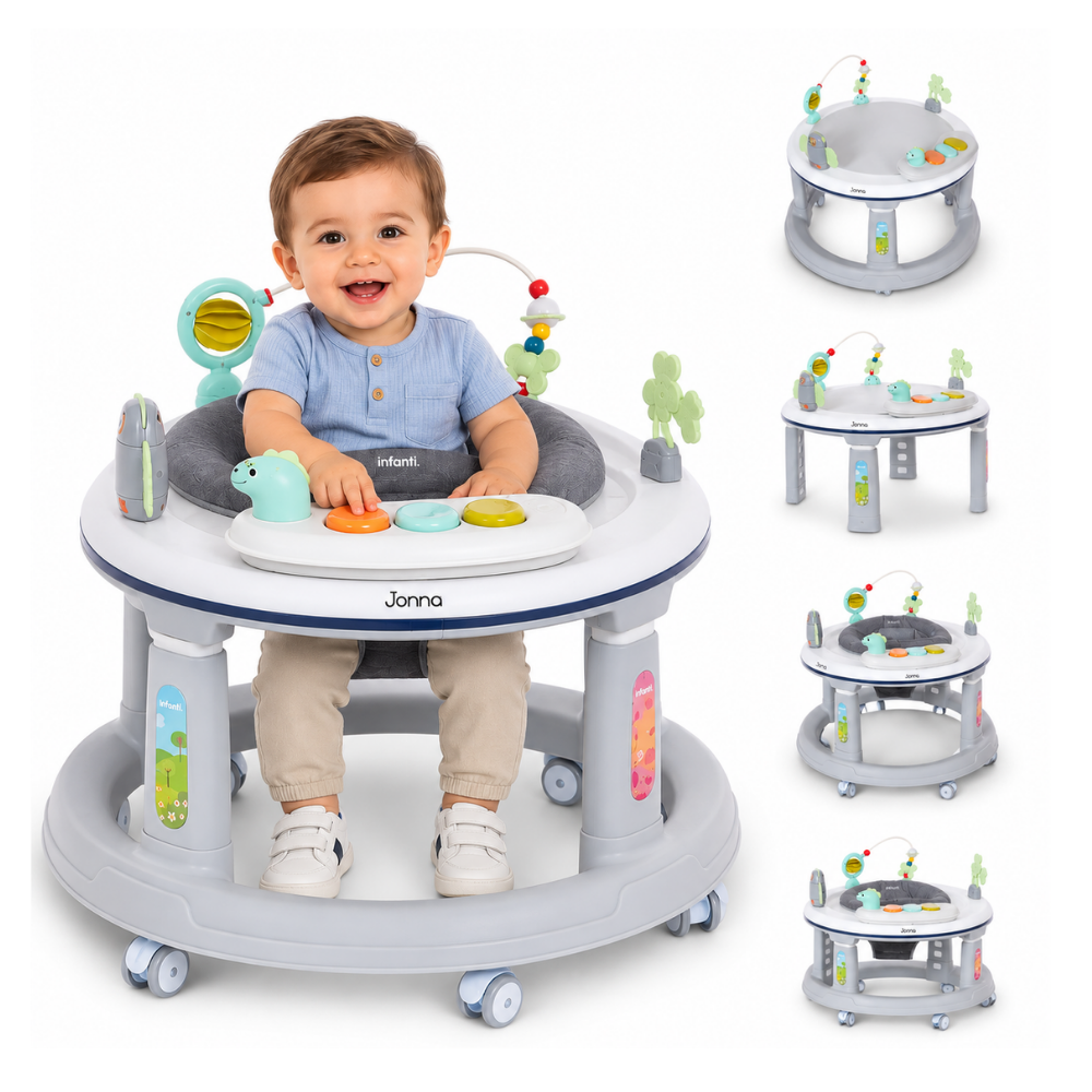 Andadera 4 en 1 Jonna Con Centro de Entretenimiento, Mesita Interactiva y Mesa de Juegos, Asiento Giratorio 360°, Altura Ajustable, Tapete Desmontable con Luz y Sonido, 12 kg max, Infanti.