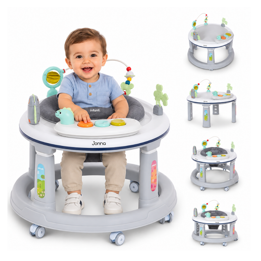 Andadera 4 en 1 Jonna Con Centro de Entretenimiento, Mesita Interactiva y Mesa de Juegos, Asiento Giratorio 360°, Altura Ajustable, Tapete Desmontable con Luz y Sonido, 12 kg max, Infanti.