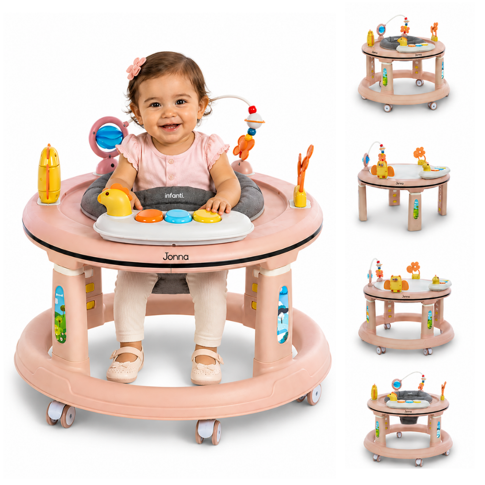 Andadera 4 en 1 Jonna Con Centro de Entretenimiento, Mesita Interactiva y Mesa de Juegos, Asiento Giratorio 360°, Altura Ajustable, Tapete Desmontable con Luz y Sonido, 12 kg max, Infanti.
