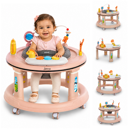 Andadera 4 en 1 Jonna Con Centro de Entretenimiento, Mesita Interactiva y Mesa de Juegos, Asiento Giratorio 360°, Altura Ajustable, Tapete Desmontable con Luz y Sonido, 12 kg max, Infanti.
