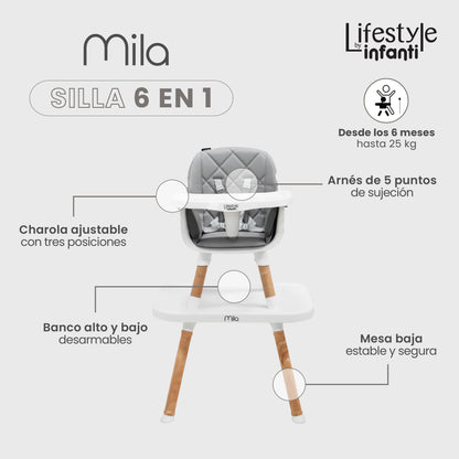 Silla Alta Lifestyle by Infanti Mila 6 en 1 Color Gris