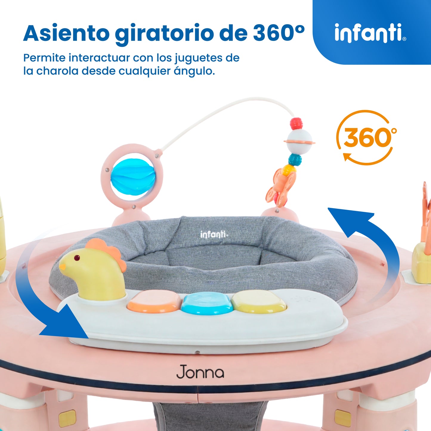 Andadera 4 en 1 Jonna Con Centro de Entretenimiento, Mesita Interactiva y Mesa de Juegos, Asiento Giratorio 360°, Altura Ajustable, Tapete Desmontable con Luz y Sonido, 12 kg max, Infanti.