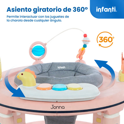 Andadera 4 en 1 Jonna Con Centro de Entretenimiento, Mesita Interactiva y Mesa de Juegos, Asiento Giratorio 360°, Altura Ajustable, Tapete Desmontable con Luz y Sonido, 12 kg max, Infanti.