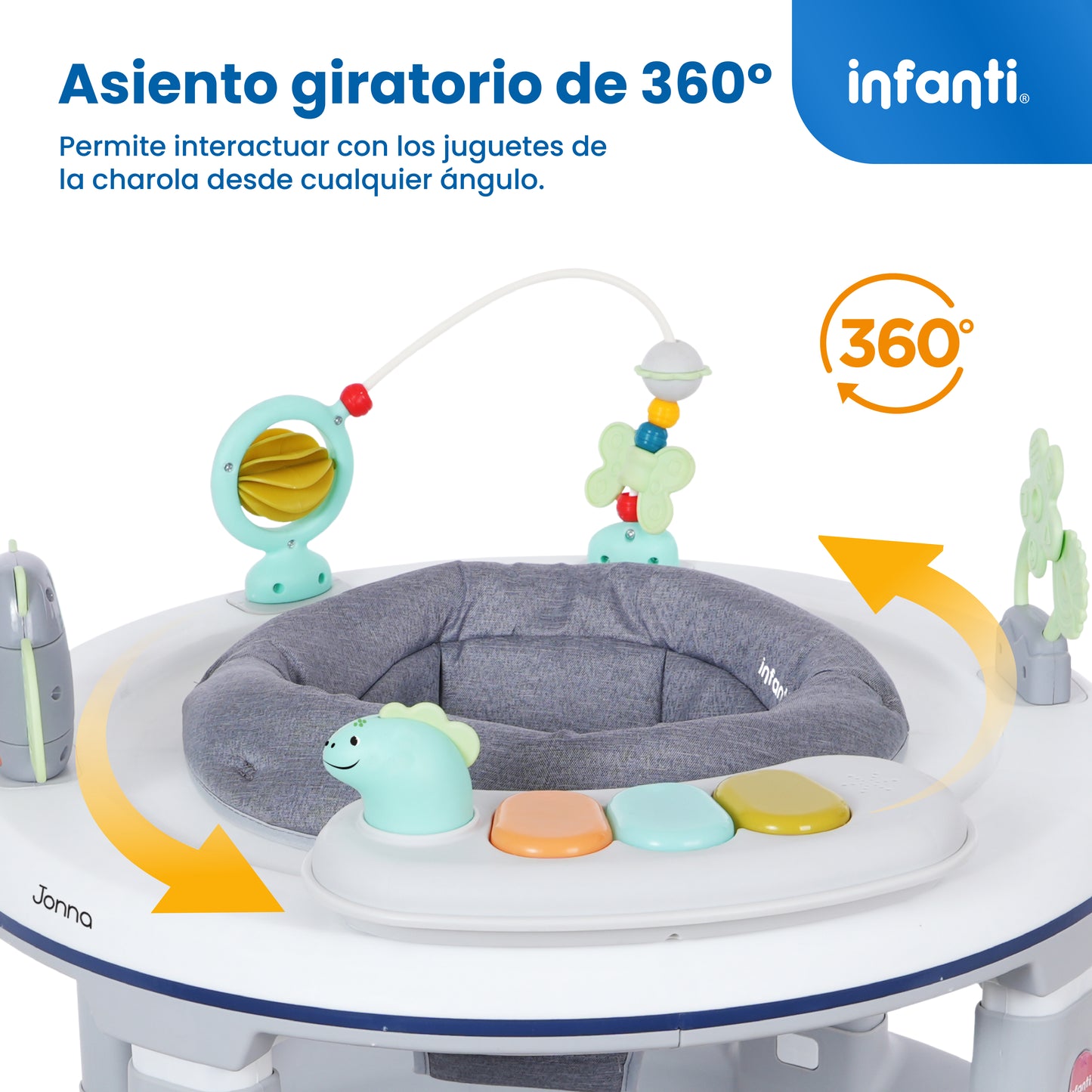 Andadera 4 en 1 Jonna Con Centro de Entretenimiento, Mesita Interactiva y Mesa de Juegos, Asiento Giratorio 360°, Altura Ajustable, Tapete Desmontable con Luz y Sonido, 12 kg max, Infanti.