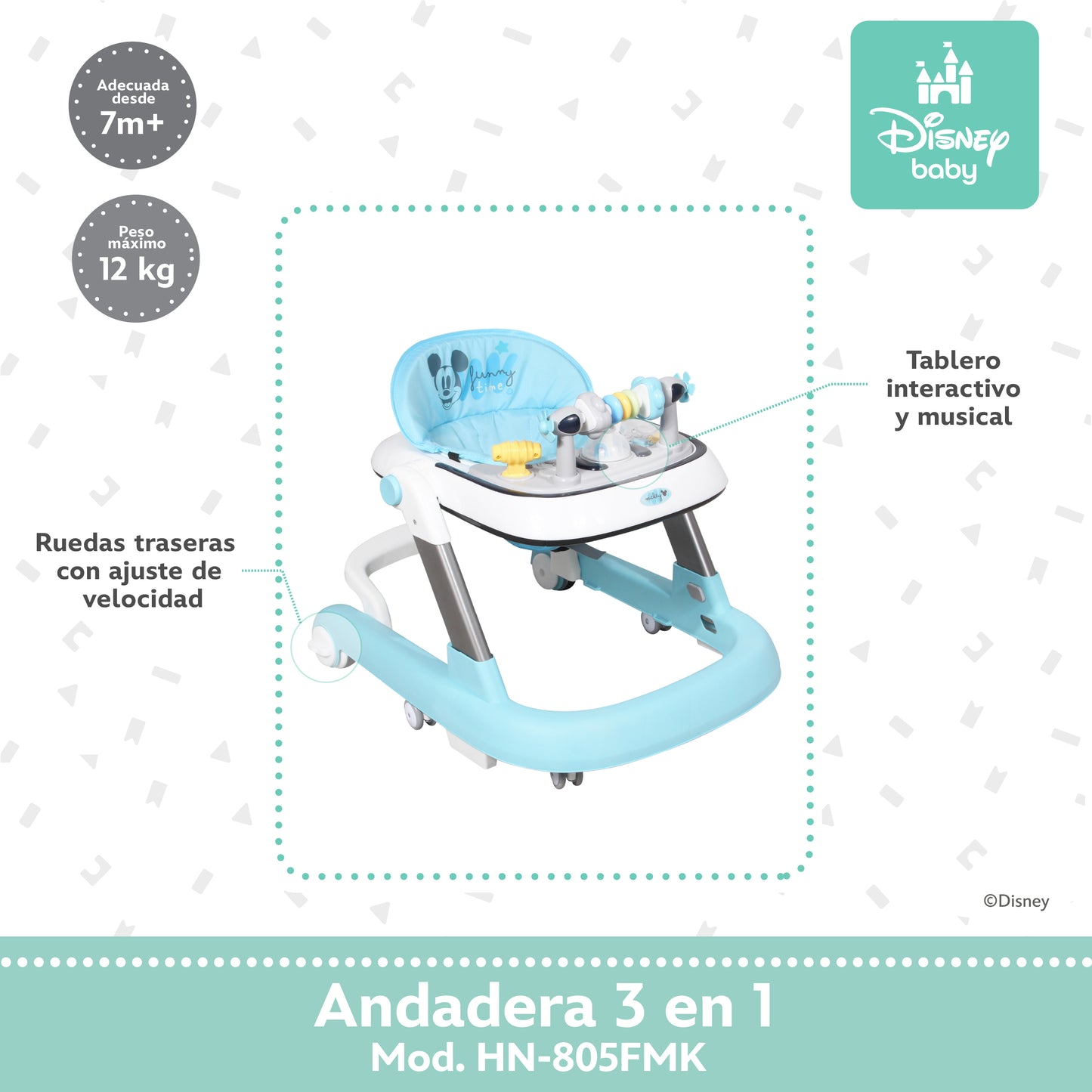 Andadera Disney 3 en 1 Con Charola Interactiva Led Sonido y Asiento Removible