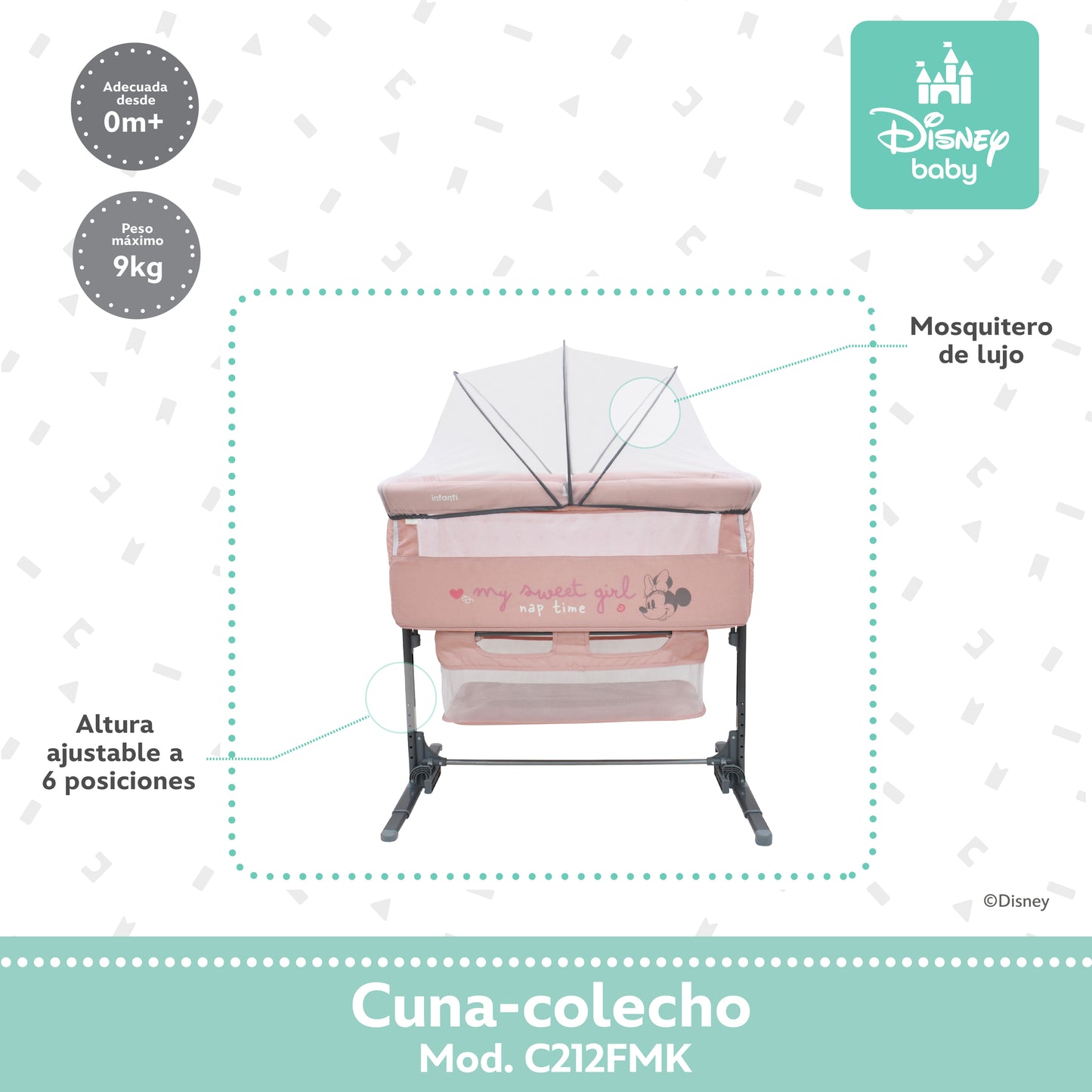 Cuna Colecho Disney Plegable Con Mosquitero Y Lateral Abatible