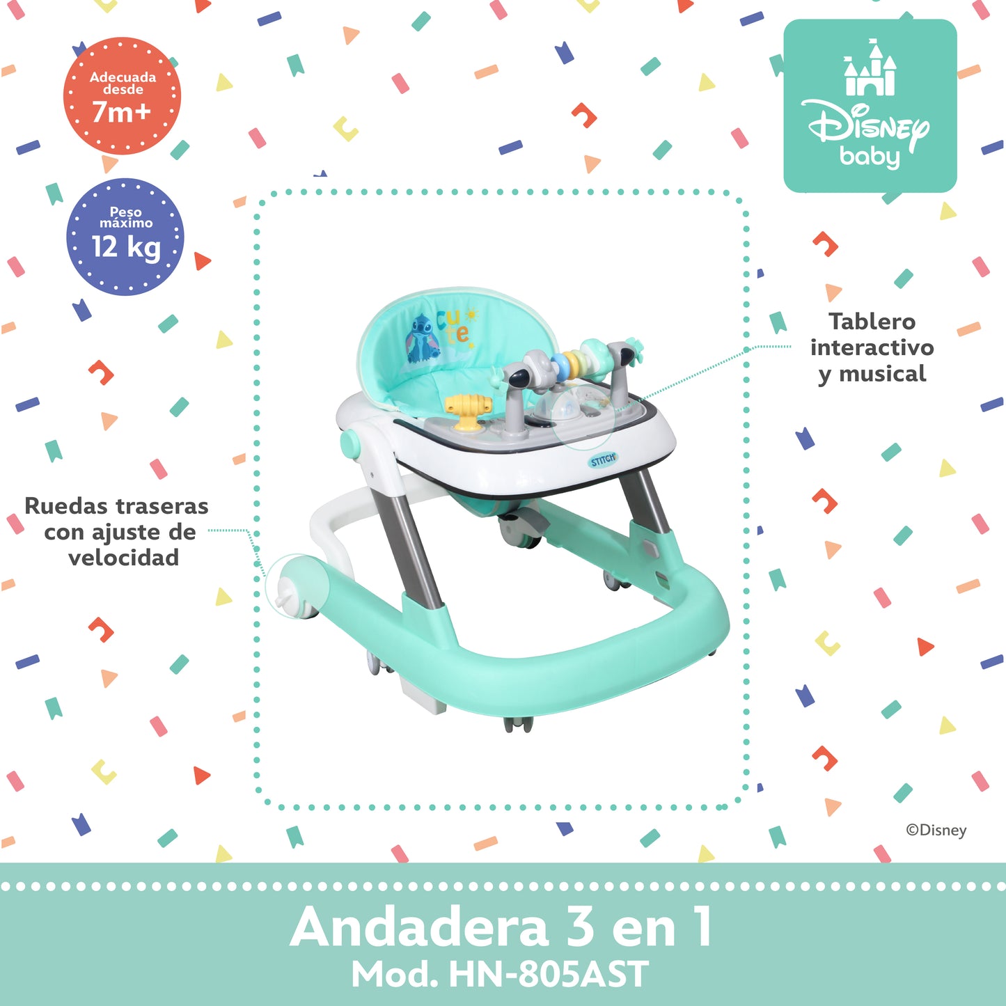 Andadera Stitch Disney 3 en 1 Con Charola Interactiva Led Sonido y Asiento Removible