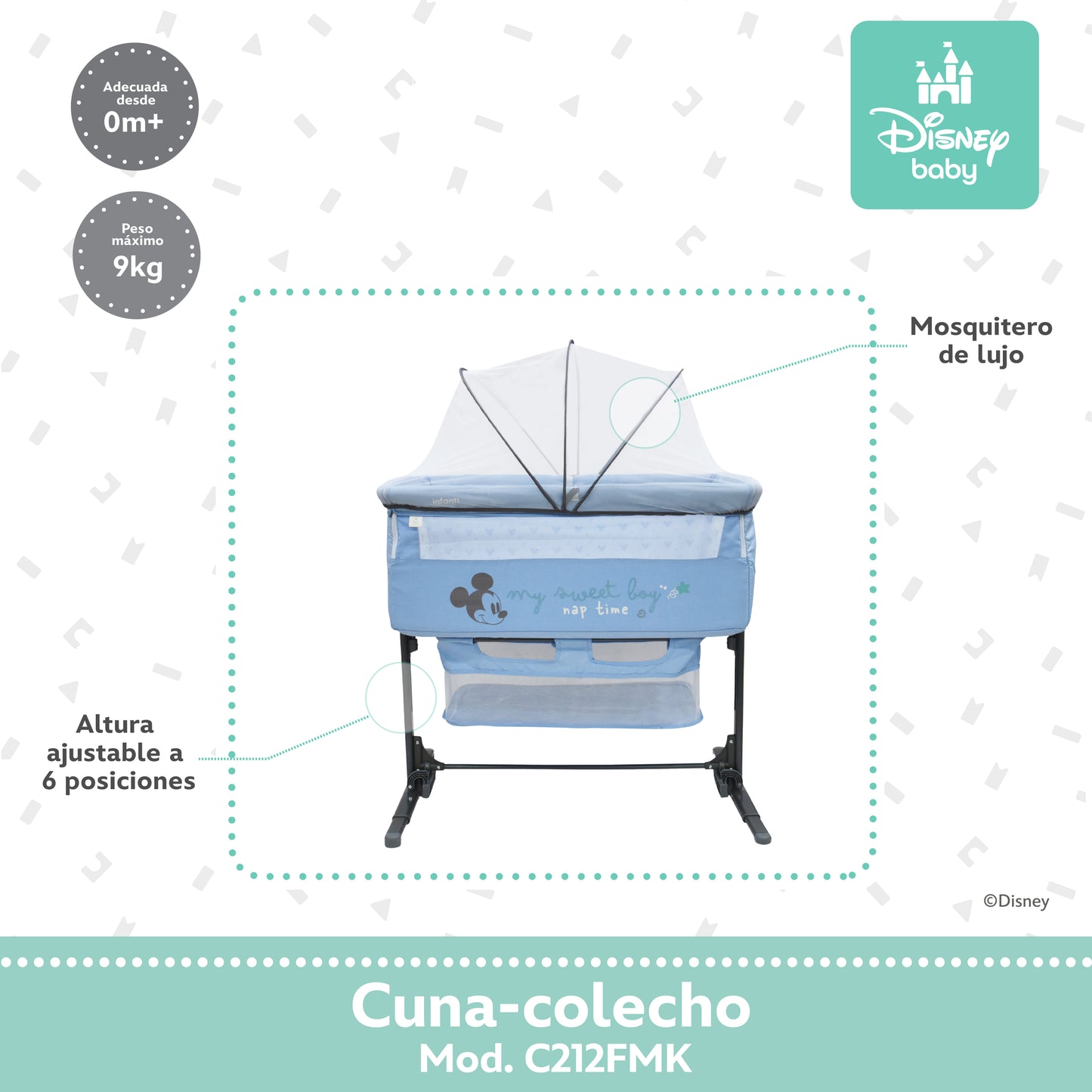 Cuna Colecho Disney Plegable Con Mosquitero Y Lateral Abatible