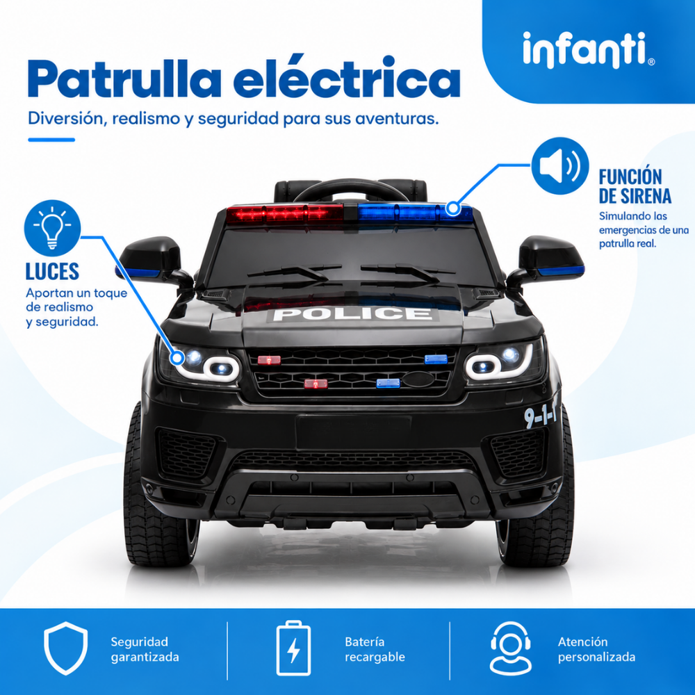 Carro Patrulla Eléctrica Con Control Remoto Luces Intermitentes Y Sirena