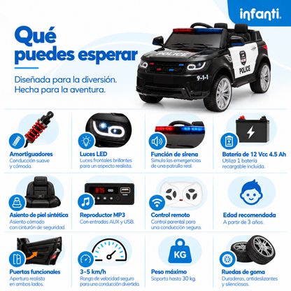 Carro Patrulla Eléctrica Con Control Remoto Luces Intermitentes Y Sirena