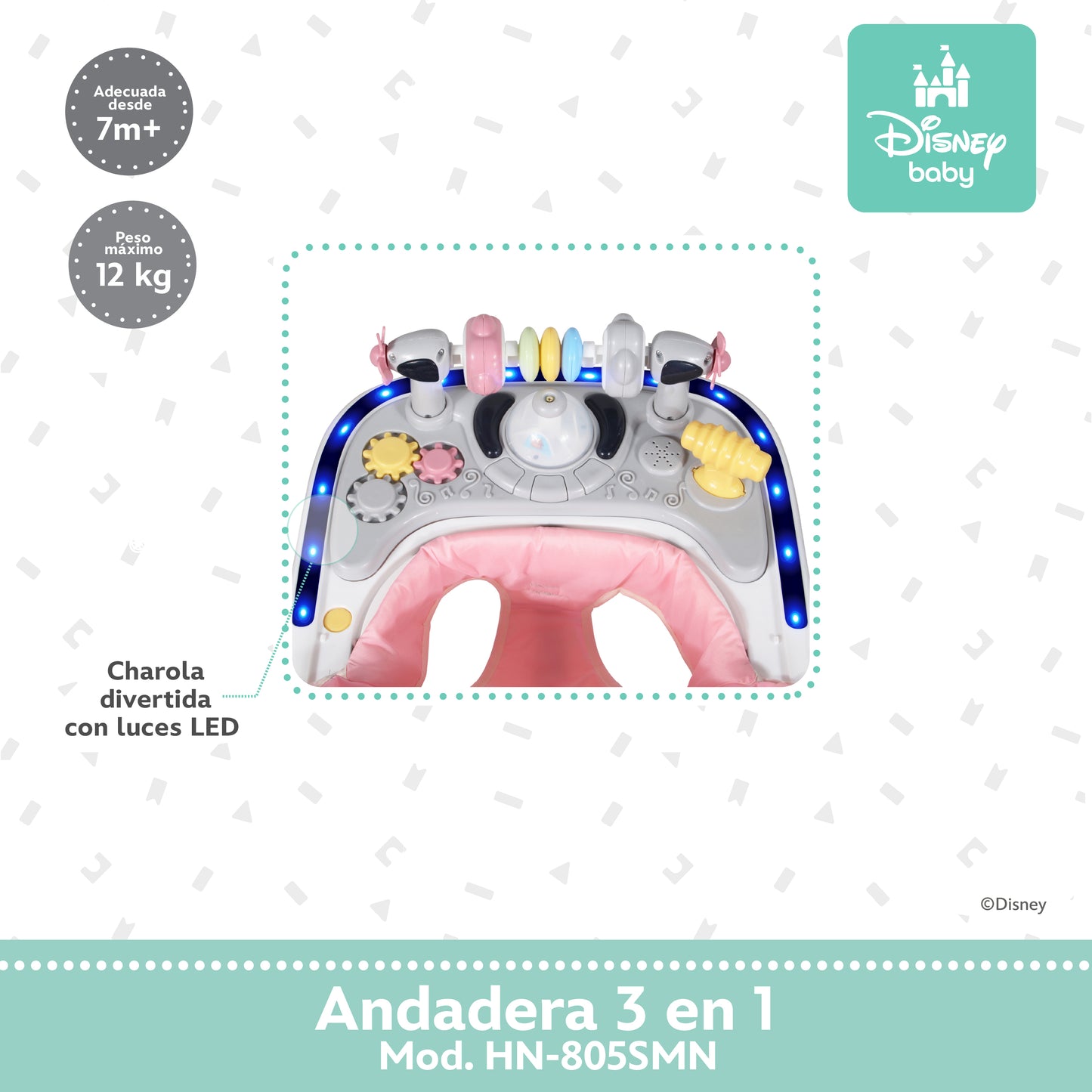 Andadera Disney 3 en 1 Con Charola Interactiva Led Sonido y Asiento Removible