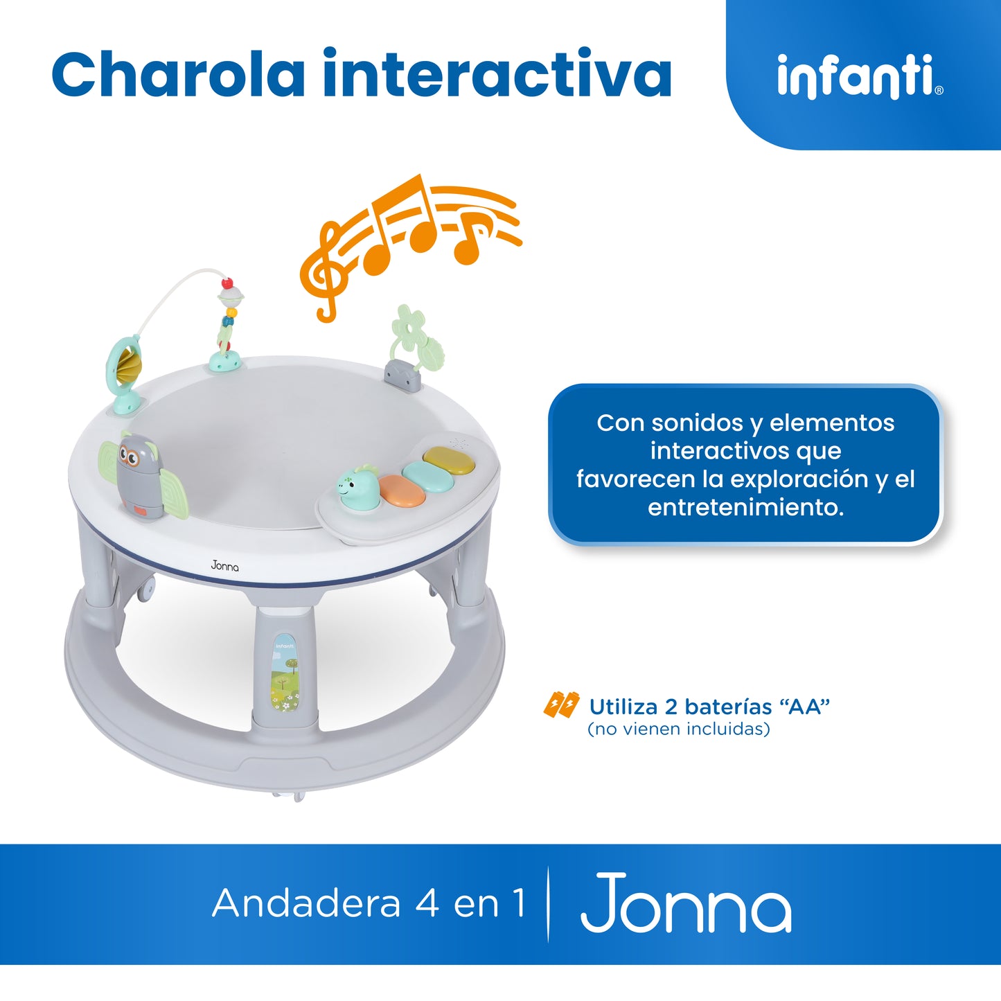 Andadera 4 en 1 Jonna Con Centro de Entretenimiento, Mesita Interactiva y Mesa de Juegos, Asiento Giratorio 360°, Altura Ajustable, Tapete Desmontable con Luz y Sonido, 12 kg max, Infanti.