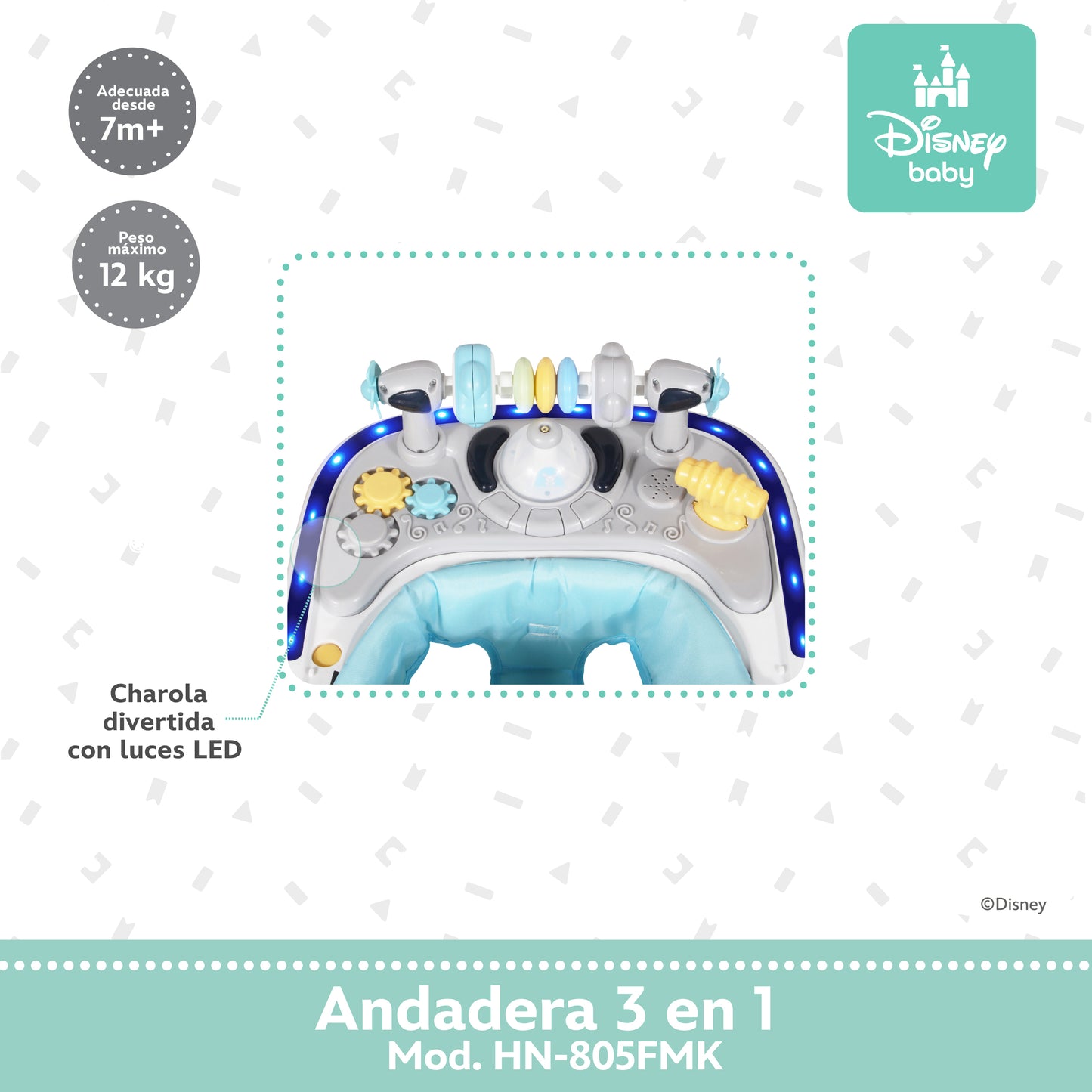 Andadera Disney 3 en 1 Con Charola Interactiva Led Sonido y Asiento Removible