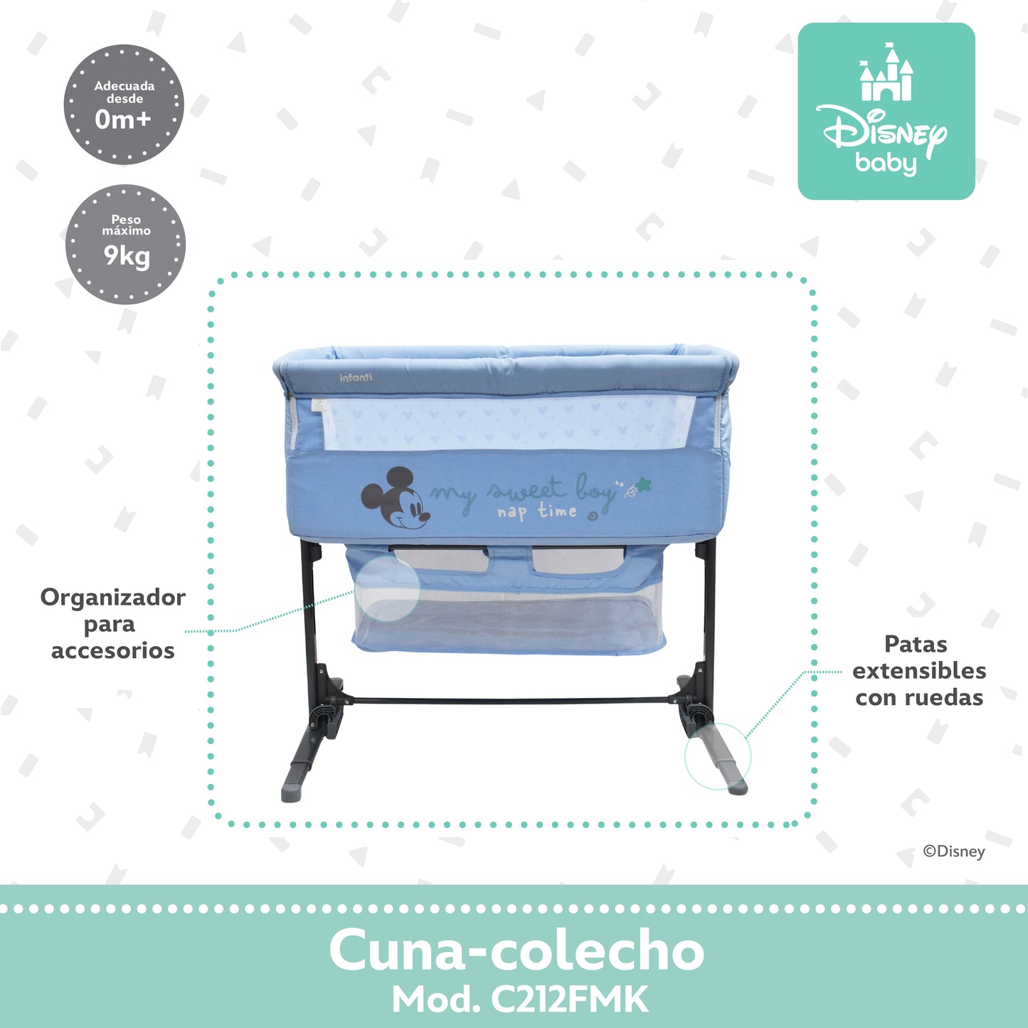 Cuna Colecho Disney Plegable Con Mosquitero Y Lateral Abatible