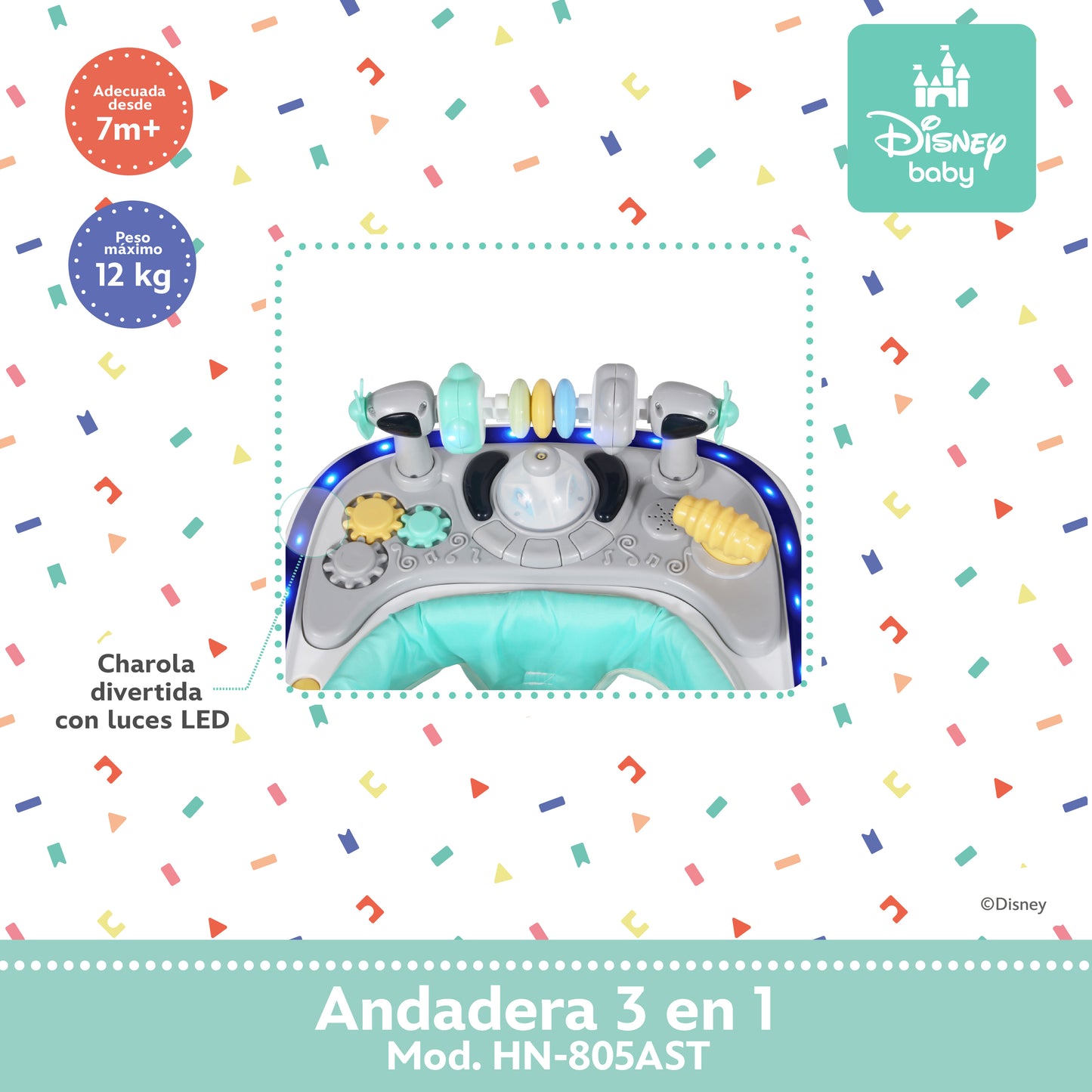 Andadera Stitch Disney 3 en 1 Con Charola Interactiva Led Sonido y Asiento Removible