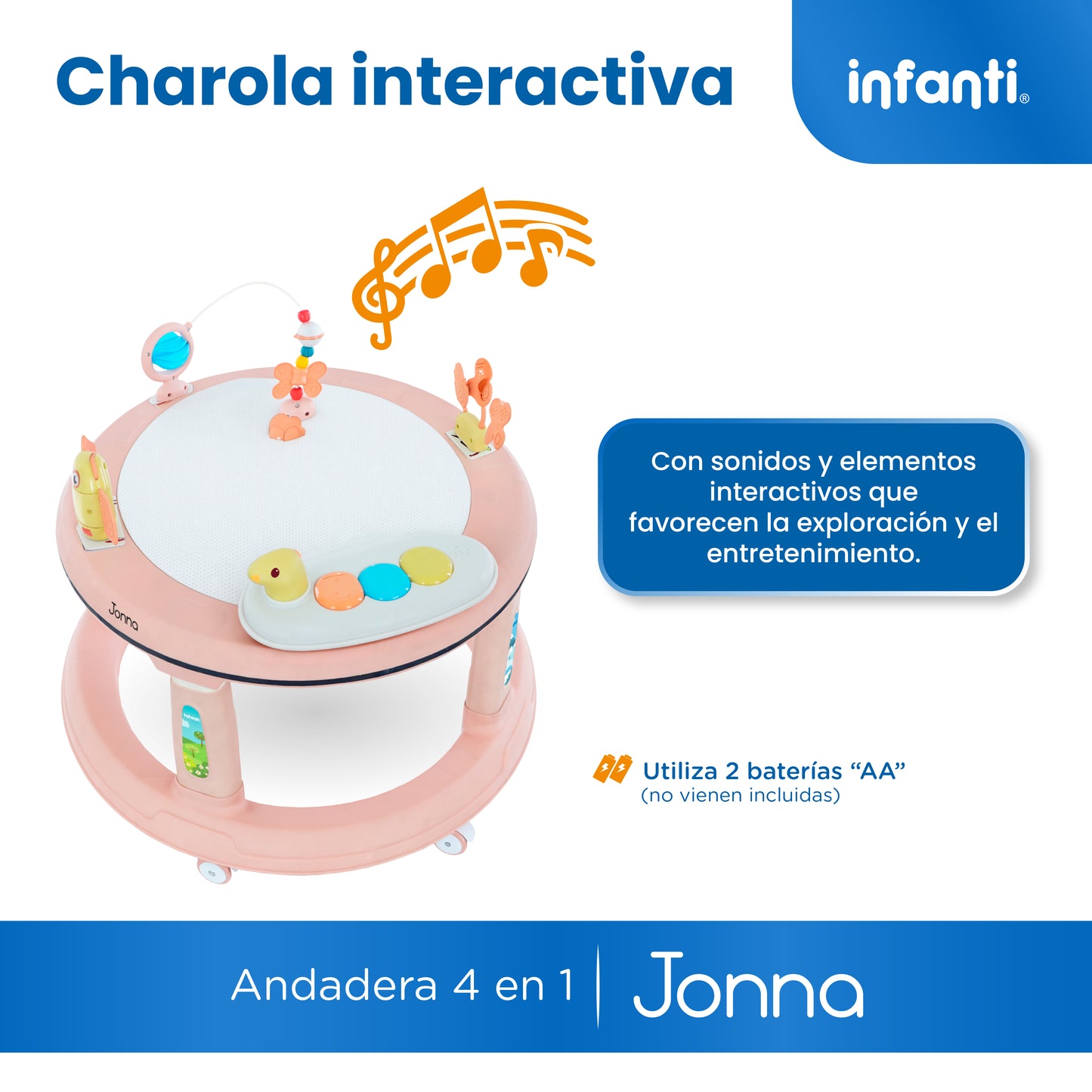 Andadera 4 en 1 Jonna Con Centro de Entretenimiento, Mesita Interactiva y Mesa de Juegos, Asiento Giratorio 360°, Altura Ajustable, Tapete Desmontable con Luz y Sonido, 12 kg max, Infanti.