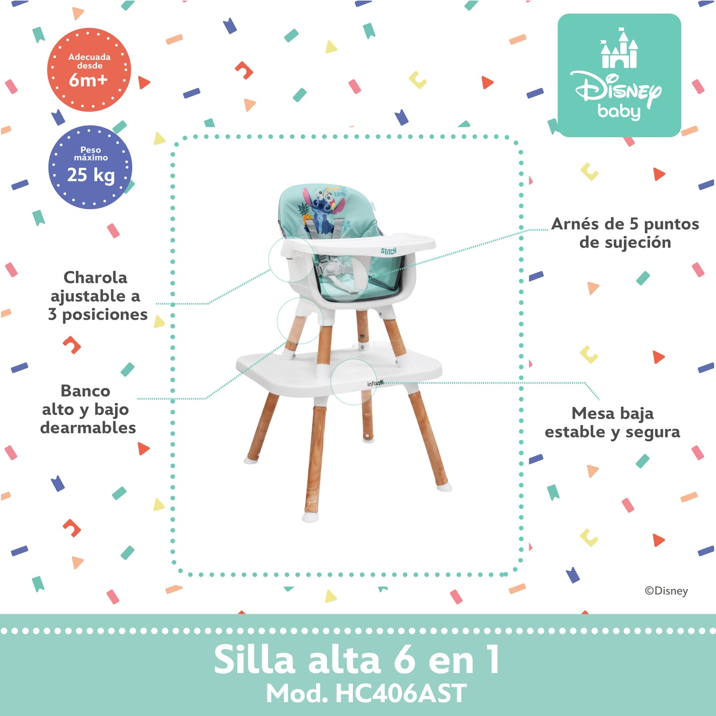 Silla Alta Stitch Disney 6 en 1 Con Charola Removible y Funda Lavable