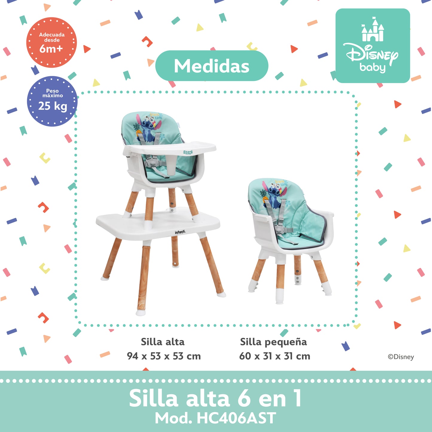 Silla Alta Stitch Disney 6 en 1 Con Charola Removible y Funda Lavable