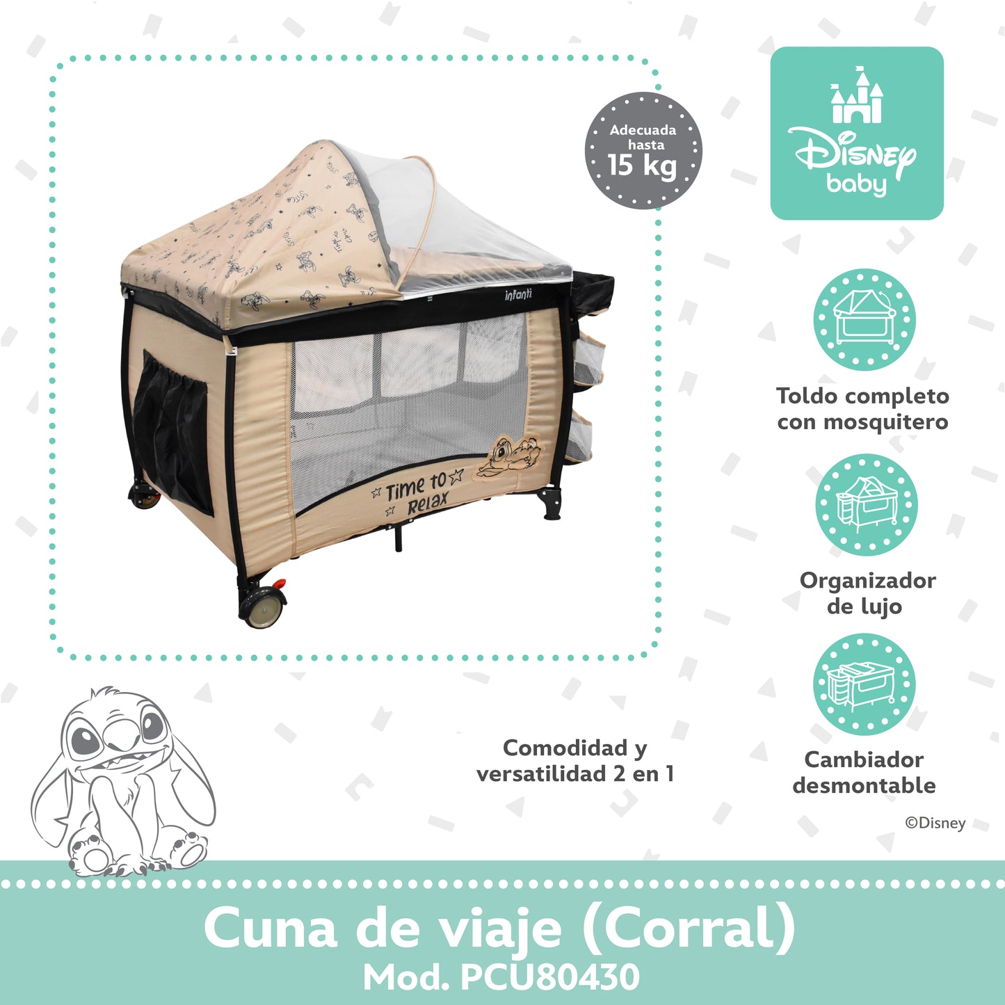Cuna Disney Stitch 2 en 1 Con Cambiador Desmontable