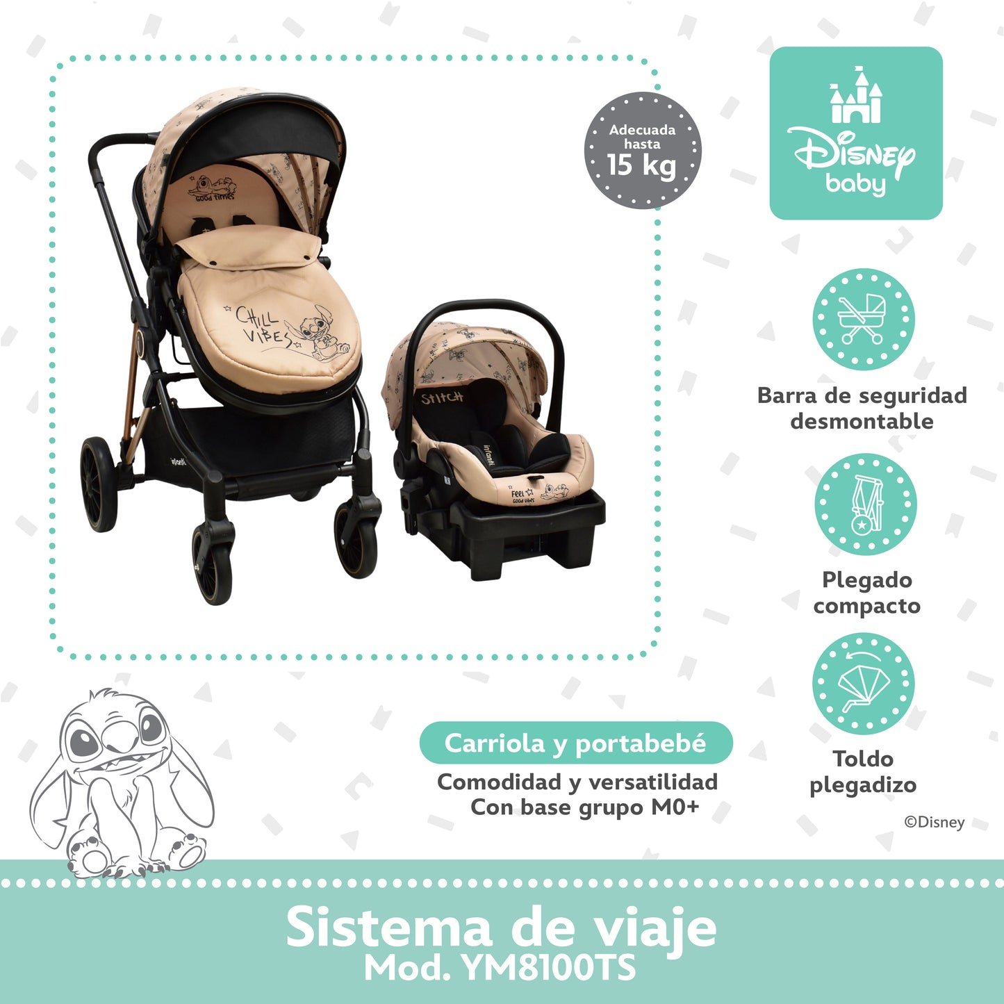 Carriola Disney Stitch Arena Con Sistema De Viaje Arnes 5 Puntos y Barra Frontal Desmontable