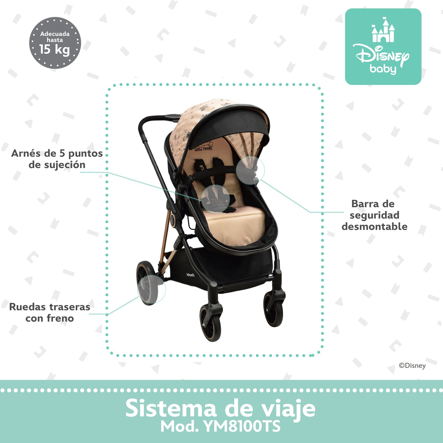 Carriola Disney Stitch Arena Con Sistema De Viaje Arnes 5 Puntos y Barra Frontal Desmontable
