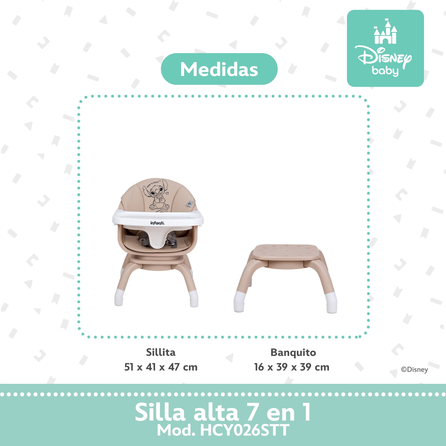 Silla Alta Stitch Time 7 En 1 Con Giro 360° y Charola Ajustable