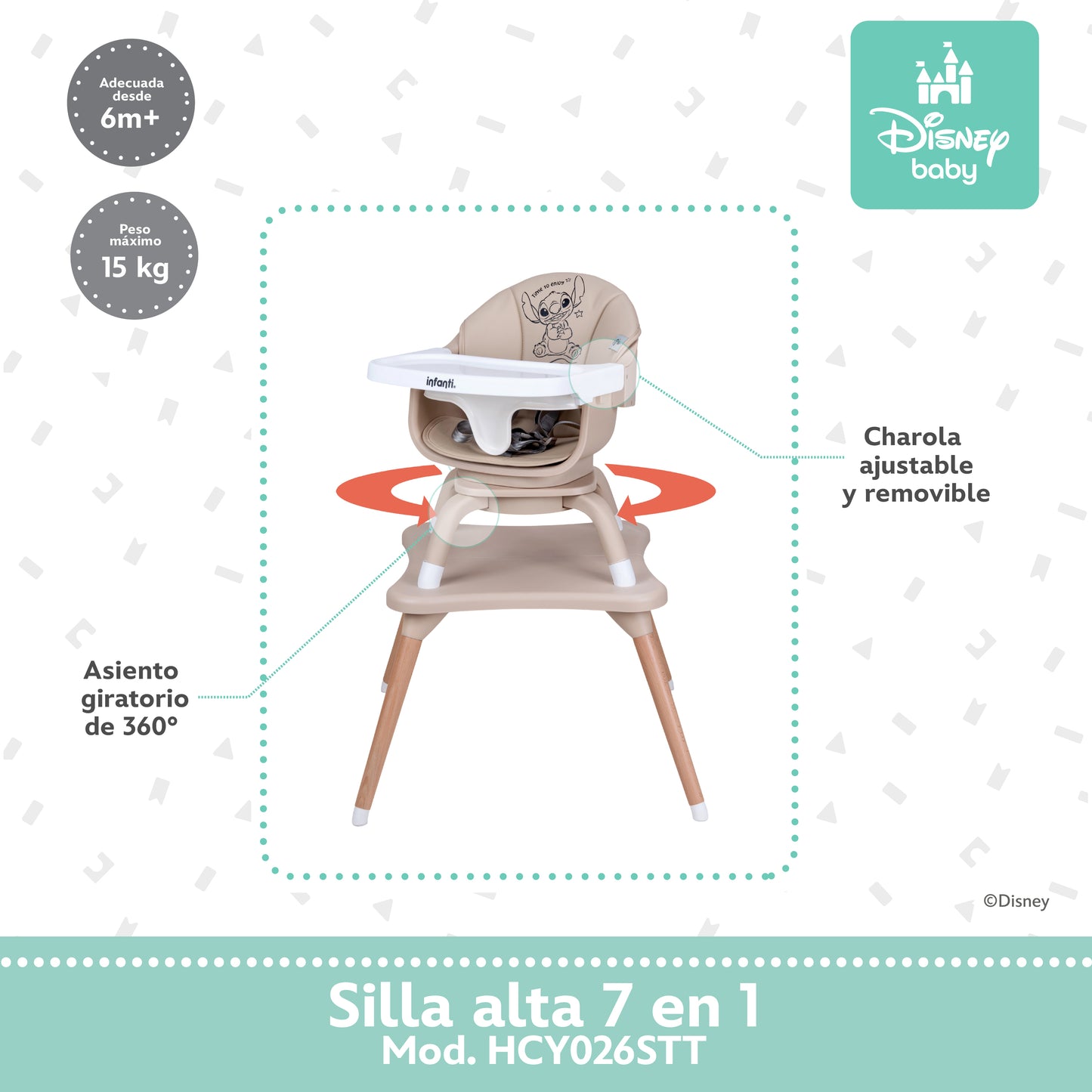 Silla Alta Stitch Time 7 En 1 Con Giro 360° y Charola Ajustable
