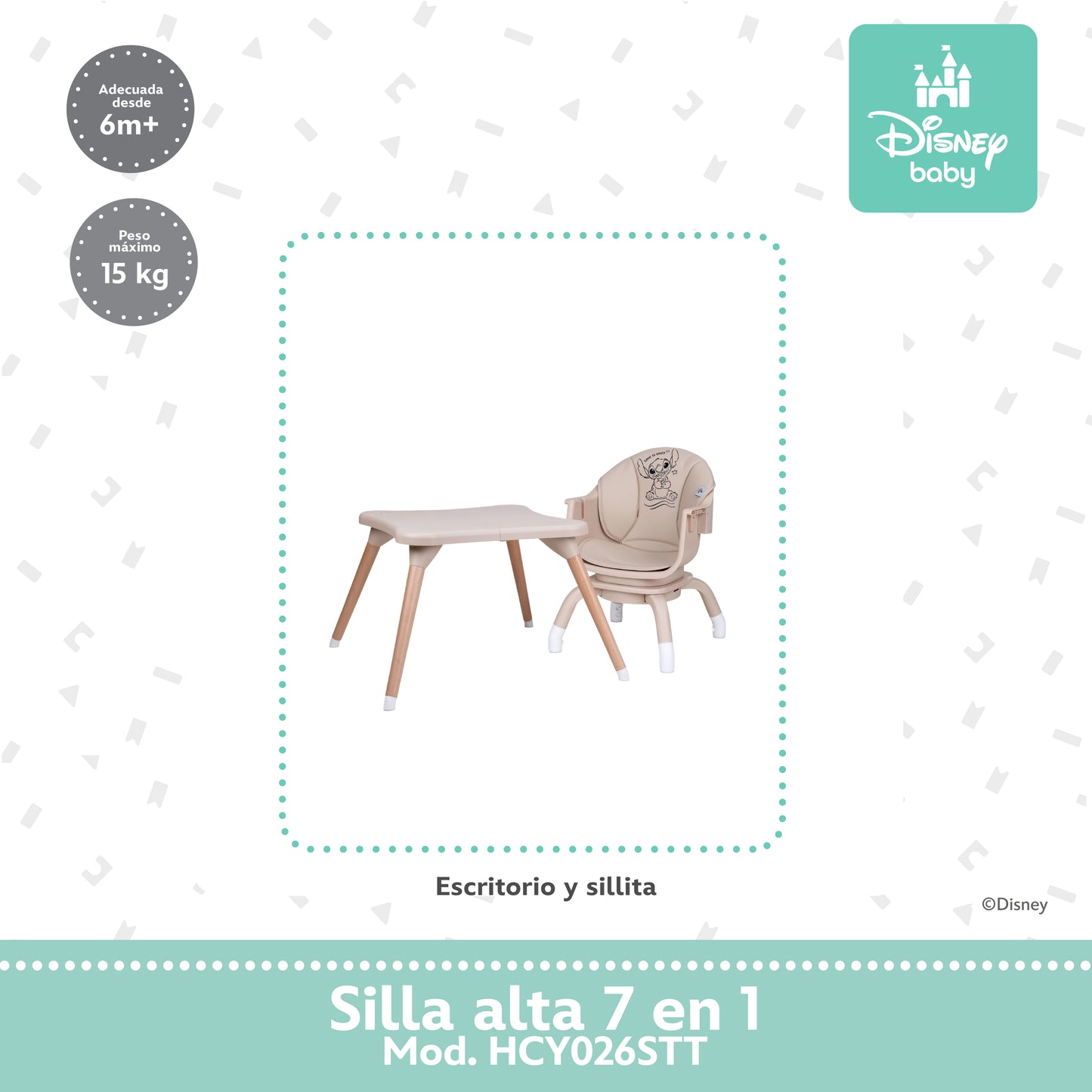 Silla Alta Stitch Time 7 En 1 Con Giro 360° y Charola Ajustable