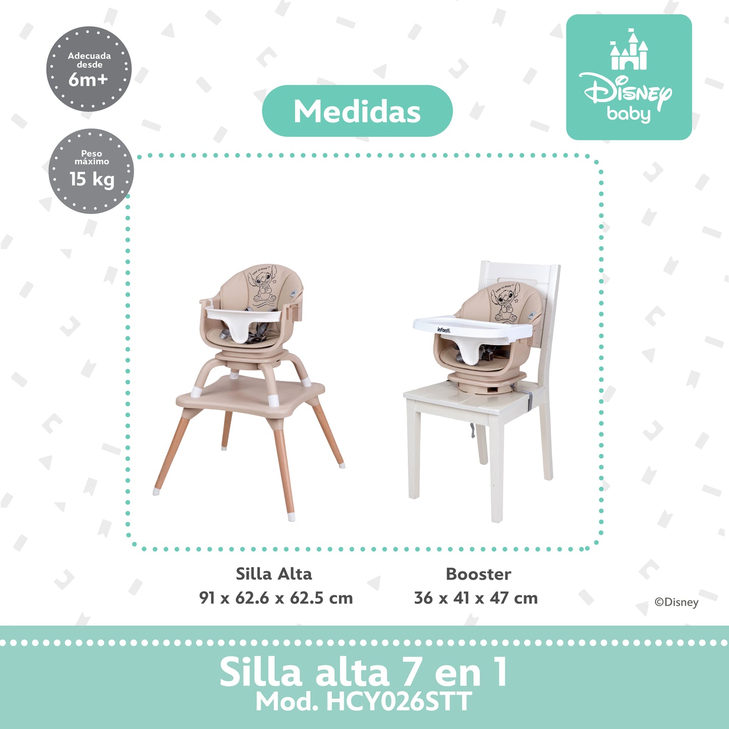 Silla Alta Stitch Time 7 En 1 Con Giro 360° y Charola Ajustable