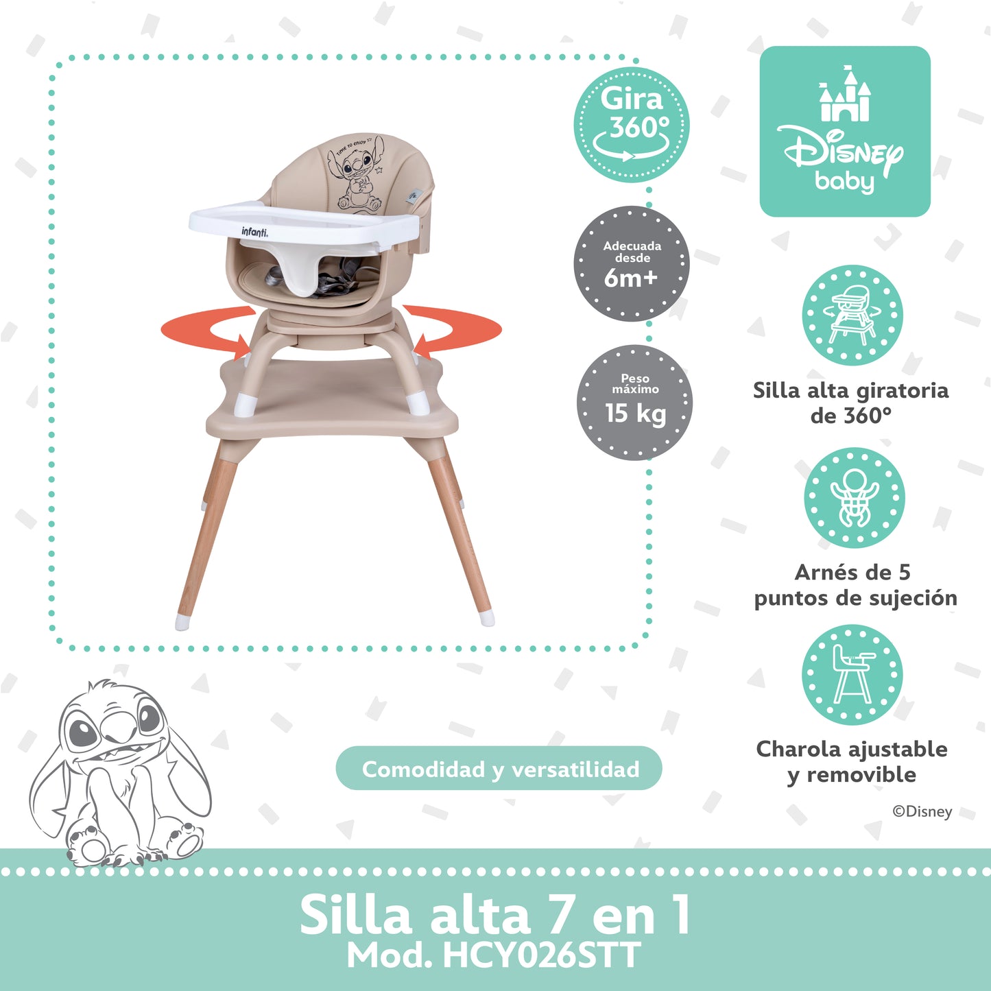 Silla Alta Stitch Time 7 En 1 Con Giro 360° y Charola Ajustable