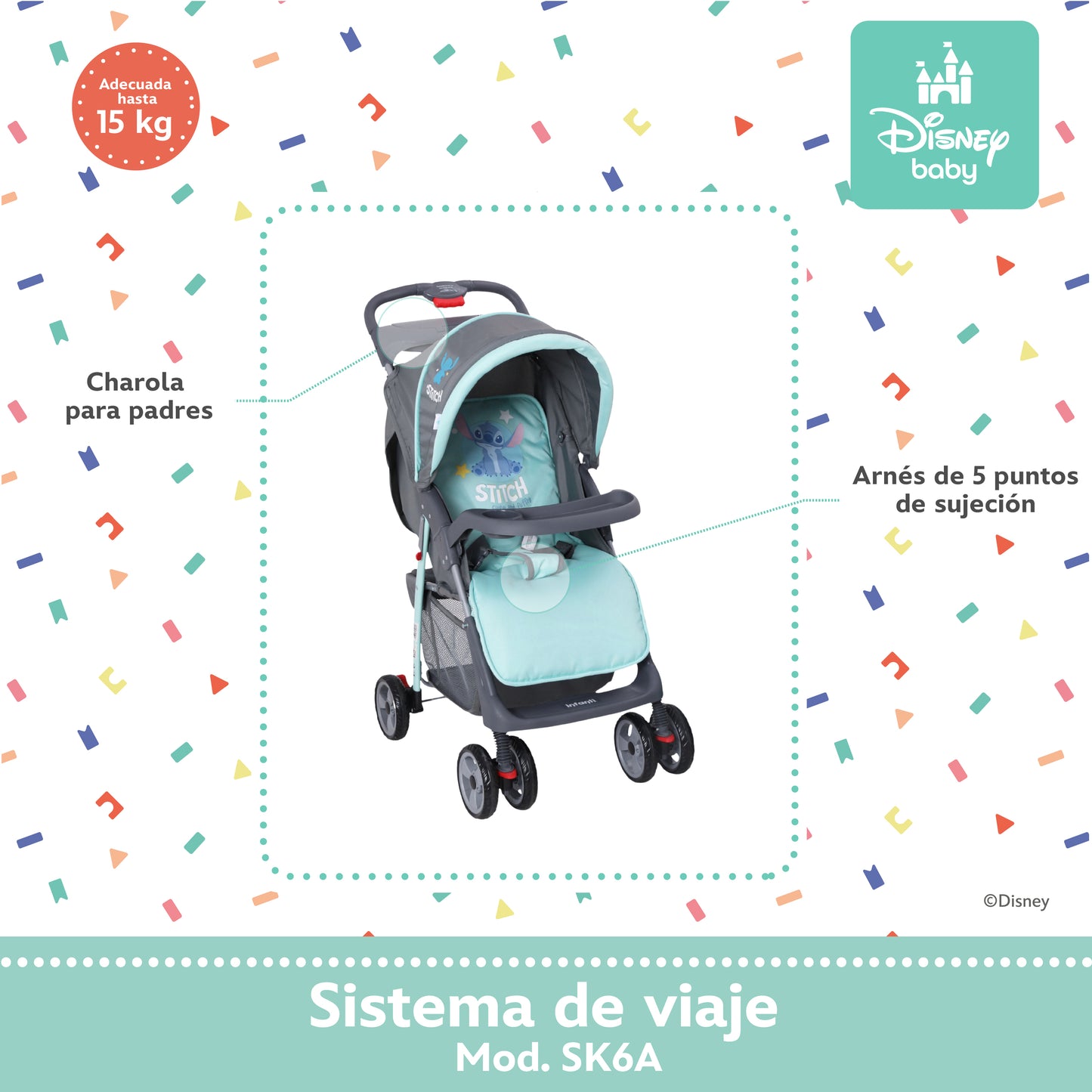 Carriola Aloha Stitch Con Sistema De Viaje Reclinación Ajustable y Arnes De Seguridad
