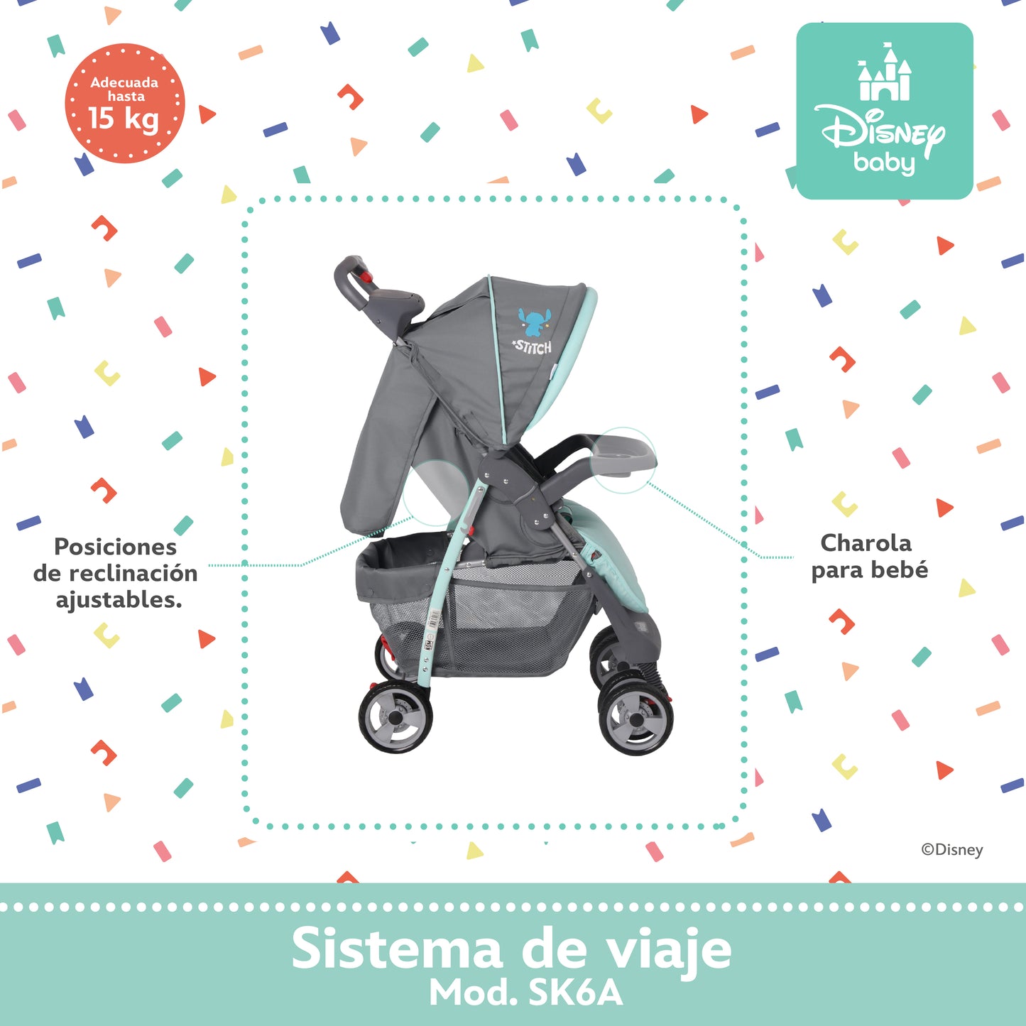 Carriola Aloha Stitch Con Sistema De Viaje Reclinación Ajustable y Arnes De Seguridad