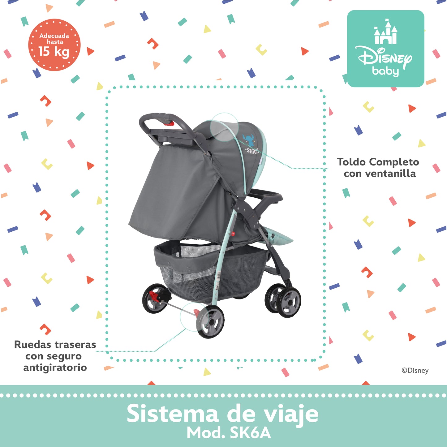 Carriola Aloha Stitch Con Sistema De Viaje Reclinación Ajustable y Arnes De Seguridad