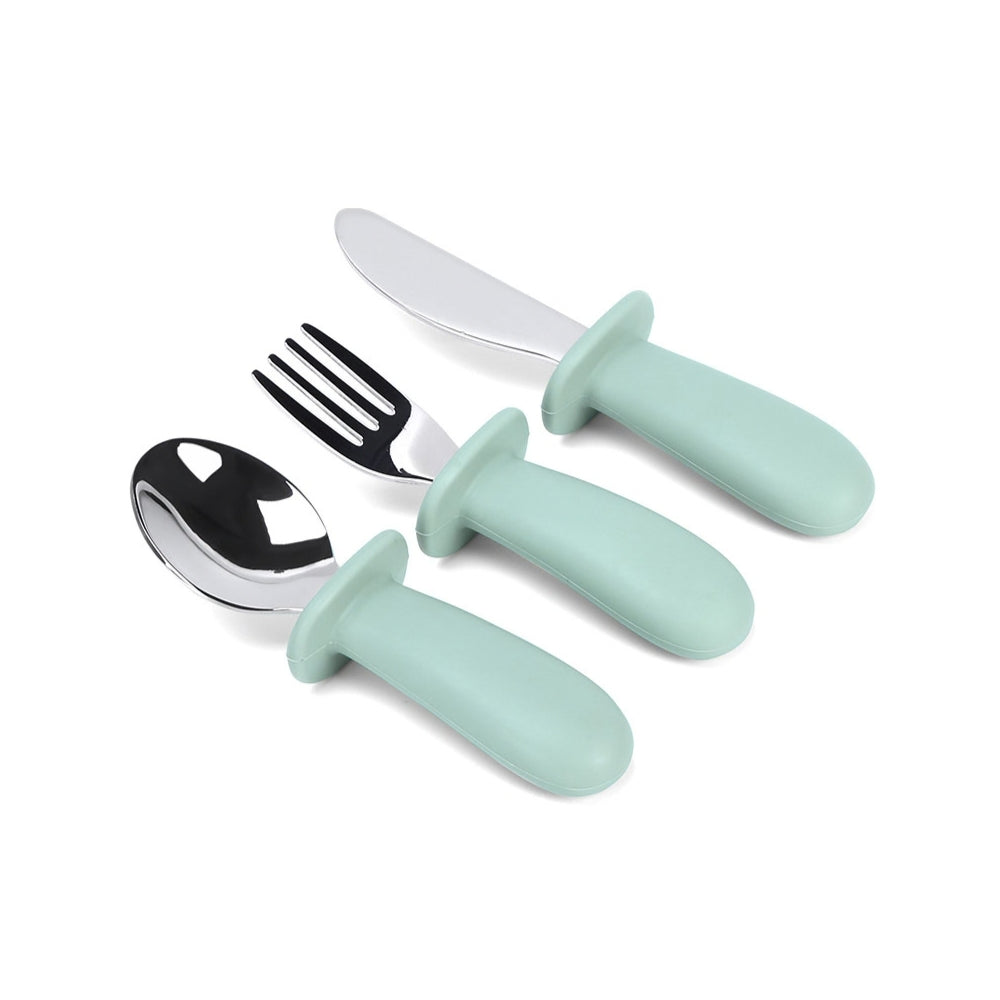 Set de Cubiertos 3 Piezas Cuchara Tenedor y Cuchillo Tope Antideslizante BPA Free