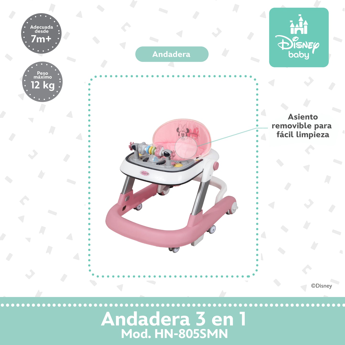 Andadera Disney 3 en 1 Con Charola Interactiva Led Sonido y Asiento Removible