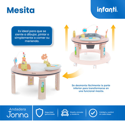 Andadera 4 en 1 Jonna Con Centro de Entretenimiento, Mesita Interactiva y Mesa de Juegos, Asiento Giratorio 360°, Altura Ajustable, Tapete Desmontable con Luz y Sonido, 12 kg max, Infanti.