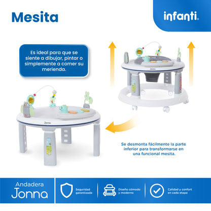 Andadera 4 en 1 Jonna Con Centro de Entretenimiento, Mesita Interactiva y Mesa de Juegos, Asiento Giratorio 360°, Altura Ajustable, Tapete Desmontable con Luz y Sonido, 12 kg max, Infanti.