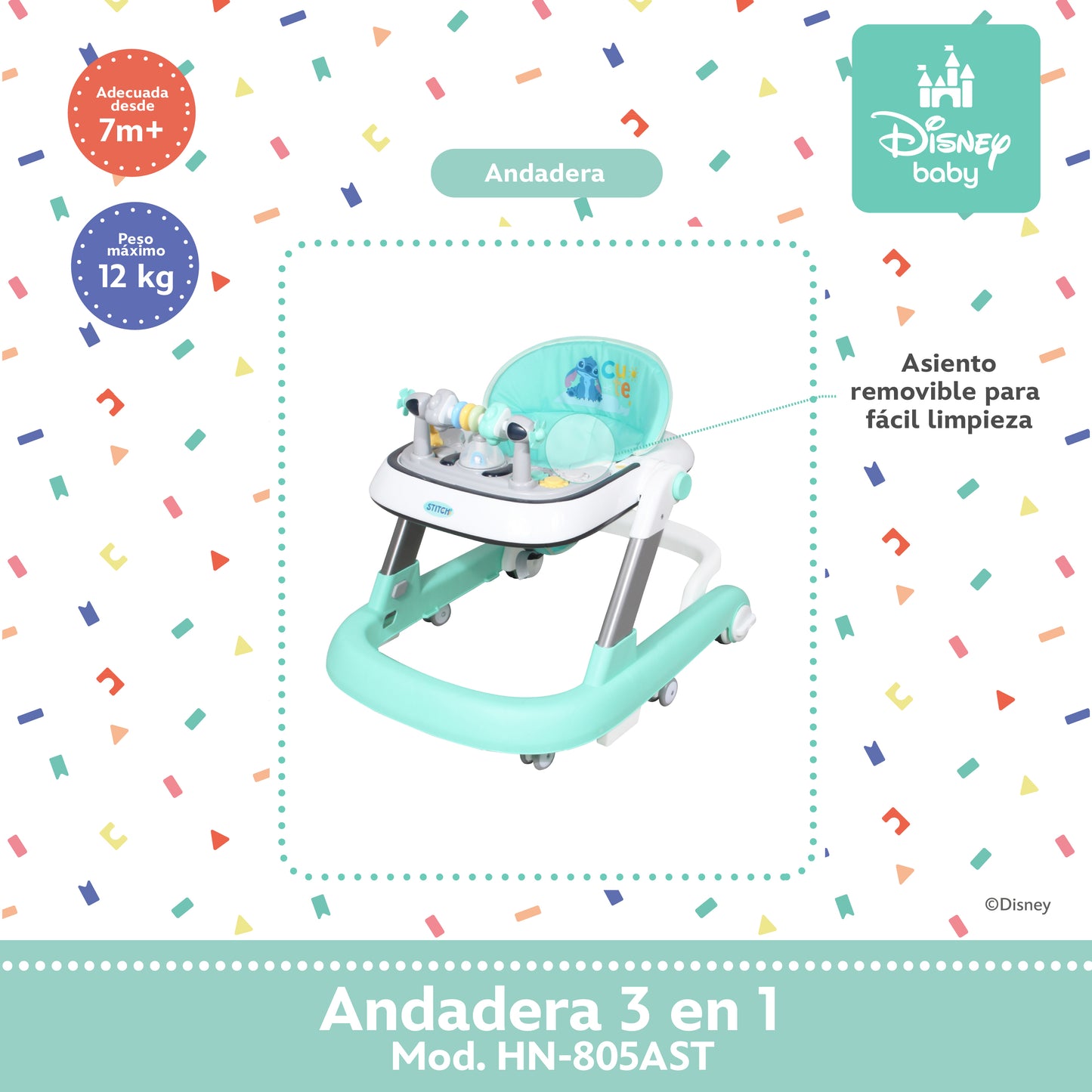 Andadera Stitch Disney 3 en 1 Con Charola Interactiva Led Sonido y Asiento Removible
