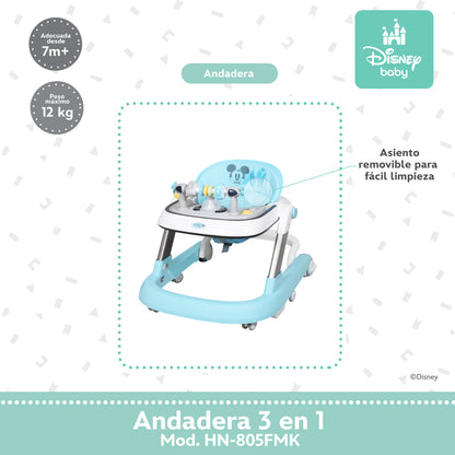 Andadera Disney 3 en 1 Con Charola Interactiva Led Sonido y Asiento Removible